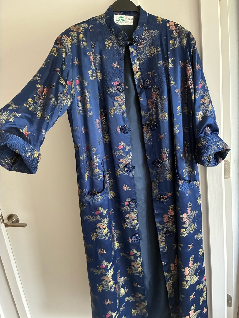 Navy Floral Satin Asian Long dust coat. Vintage.